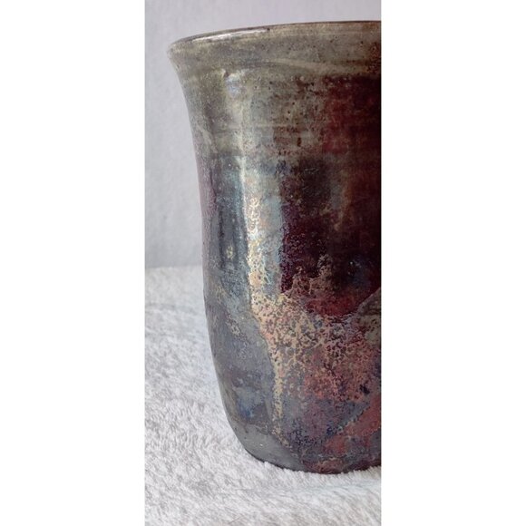 Raku Art Vase Brown Iridescent Tones Textured Rustic Tumbler Thrown Pottery 5.5" - Picture 11 of 15